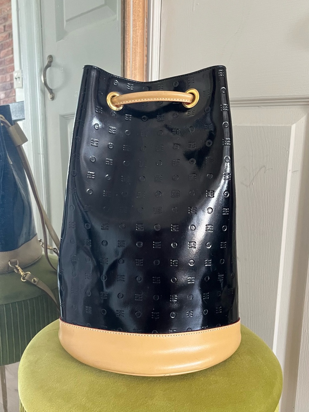 Arcadia Black Patent Bucket Bag with Tan Trim